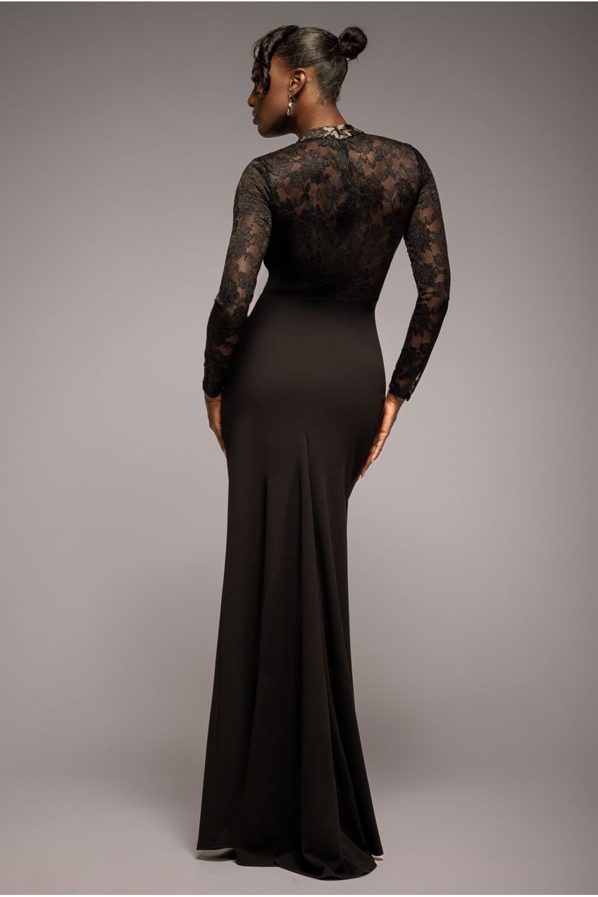 Goddiva Lace High Neck Sheer Bodice Long Sleeve Maxi Dress - Black
