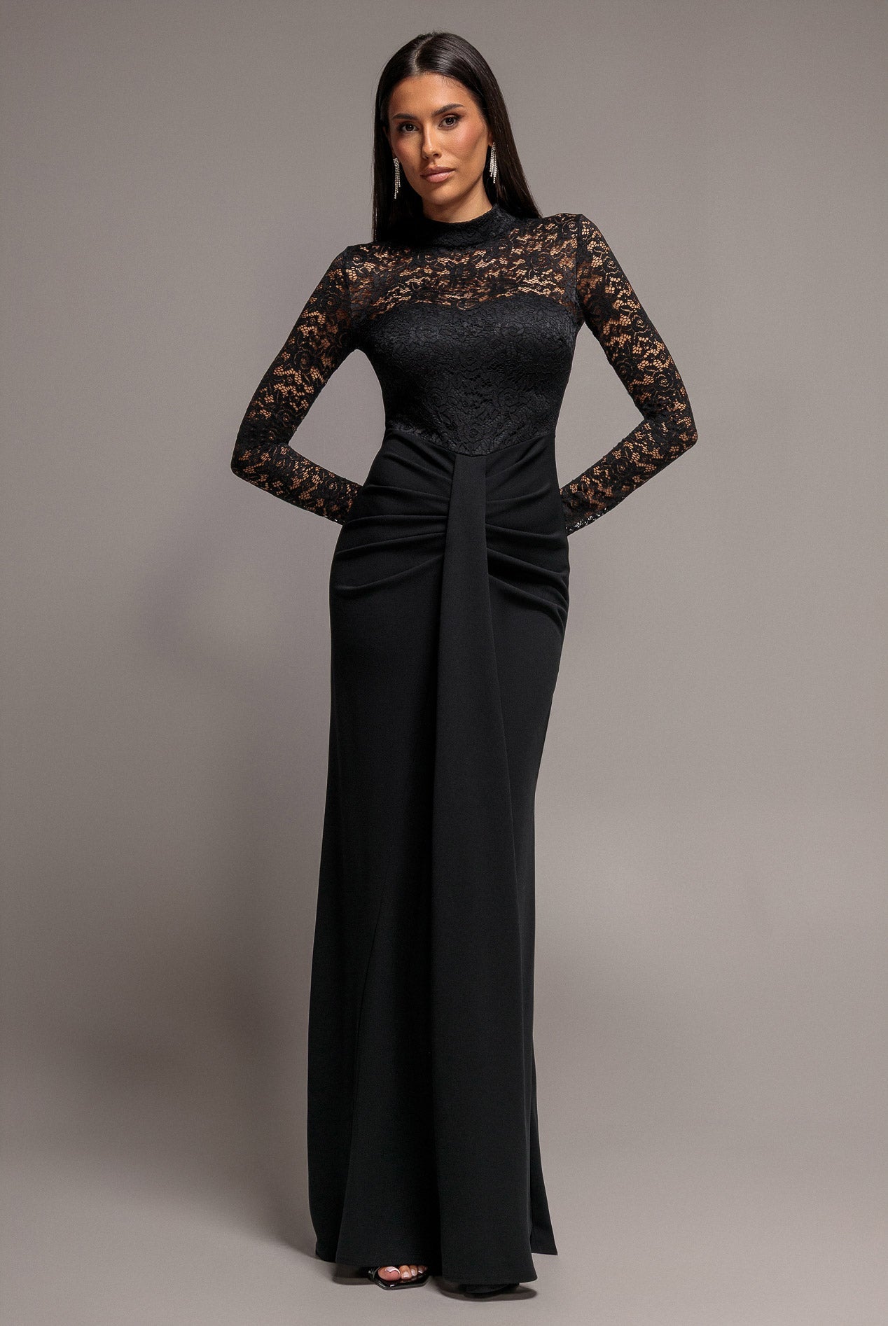 Goddiva Lace High Neck Sheer Bodice Long Sleeve Maxi Dress - Black
