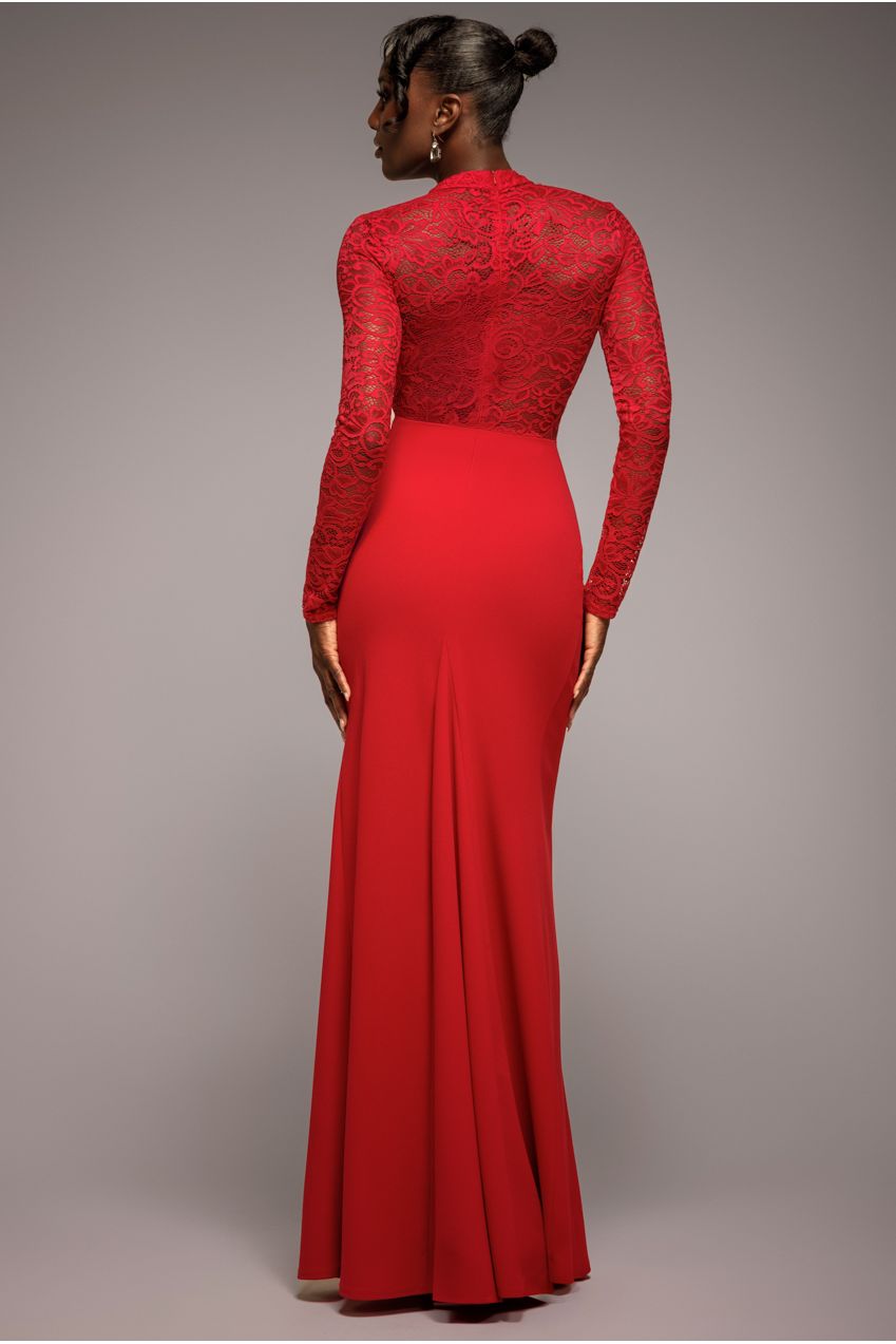 Goddiva Lace High Neck Sheer Bodice Long Sleeve Maxi Dress - Red