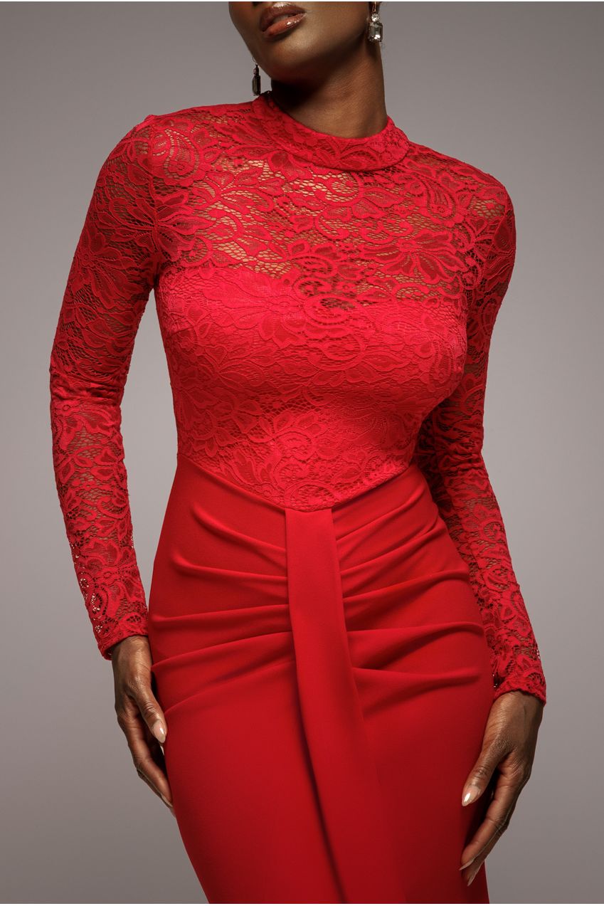 Goddiva Lace High Neck Sheer Bodice Long Sleeve Maxi Dress - Red