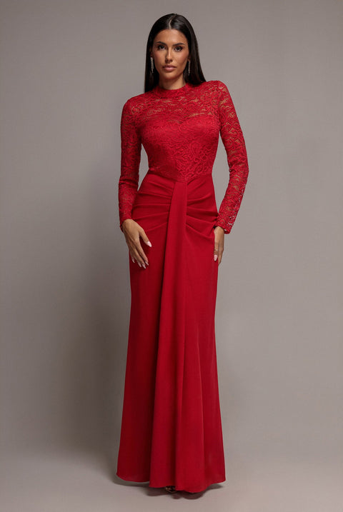 Goddiva Lace High Neck Sheer Bodice Long Sleeve Maxi Dress - Red