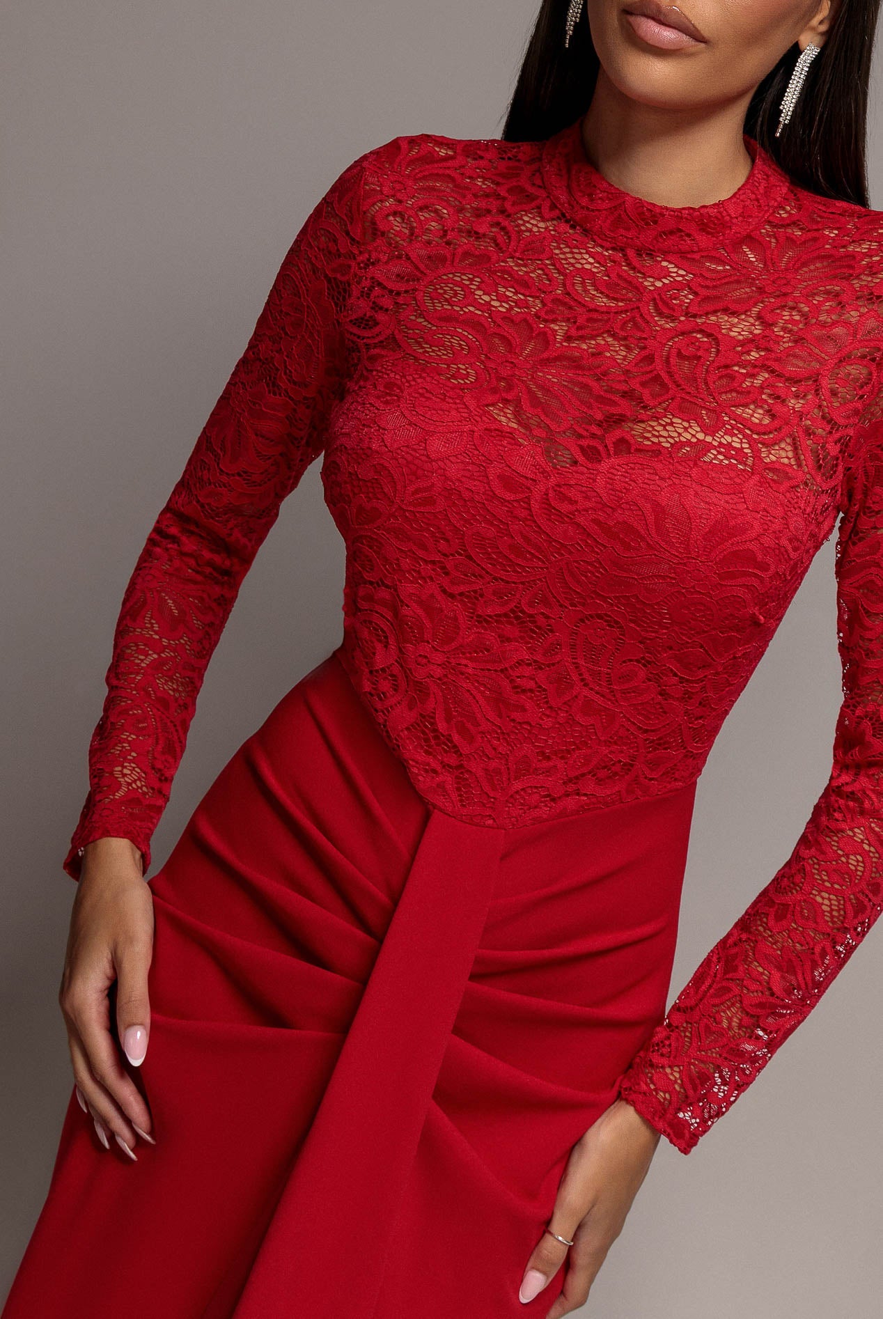 Goddiva Lace High Neck Sheer Bodice Long Sleeve Maxi Dress - Red
