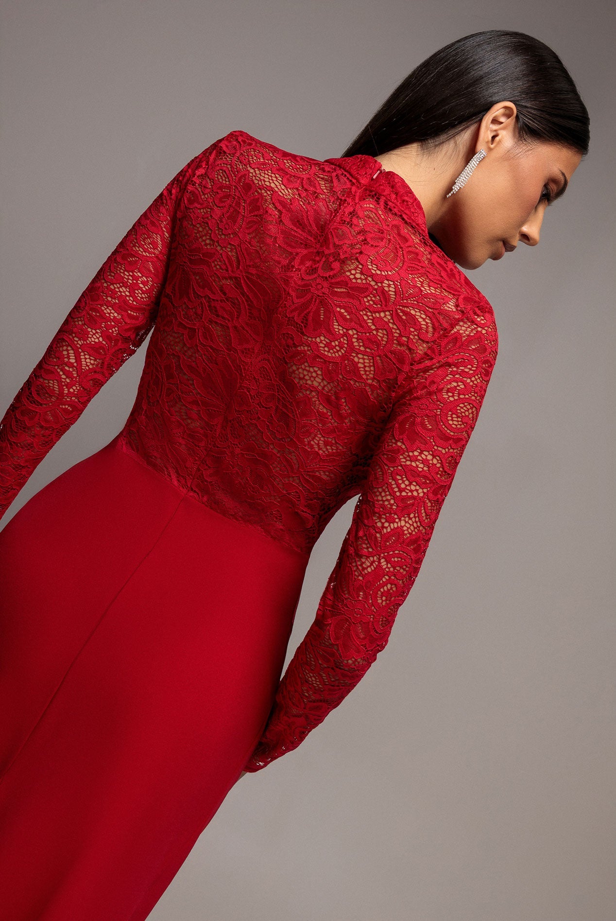 Goddiva Lace High Neck Sheer Bodice Long Sleeve Maxi Dress - Red