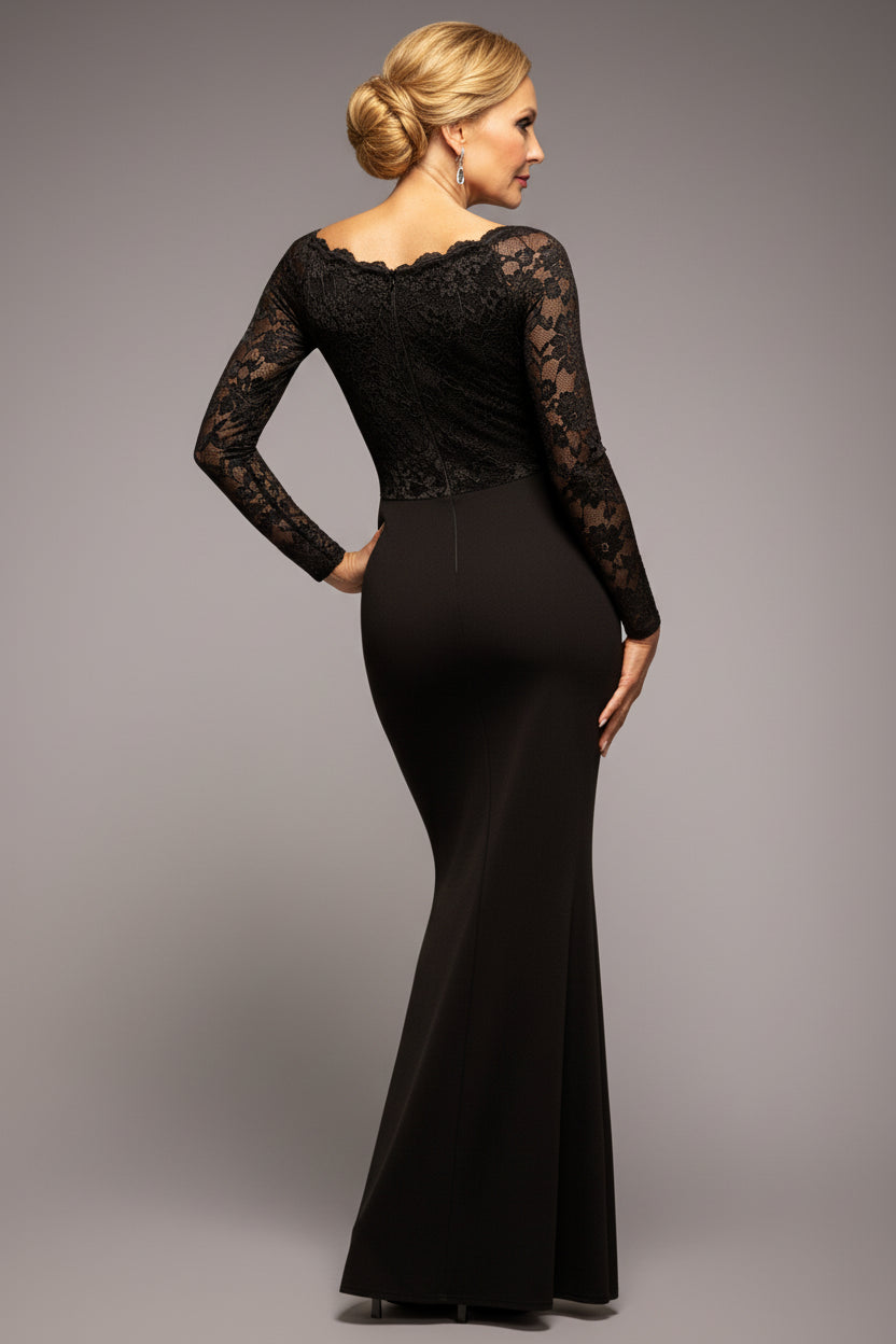 Goddiva Scalloped Lace Bodice Long Sleeve Bardot Maxi Dress - Black