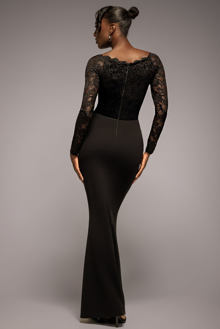 Goddiva Scalloped Lace Bodice Long Sleeve Bardot Maxi Dress - Black