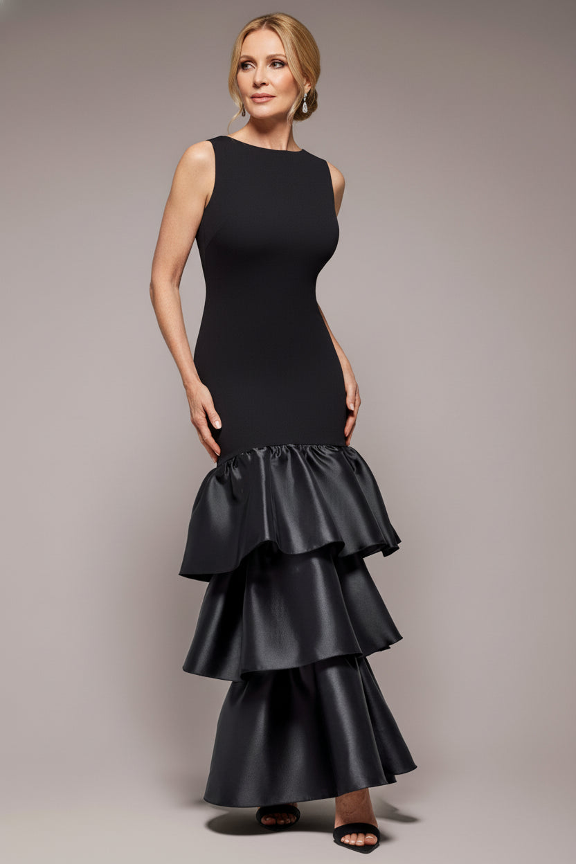 Goddiva Boat Neck Satin & Scuba Crepe Tiered Maxi Dress - Black