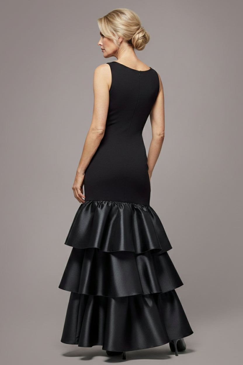 Goddiva Boat Neck Satin & Scuba Crepe Tiered Maxi Dress - Black