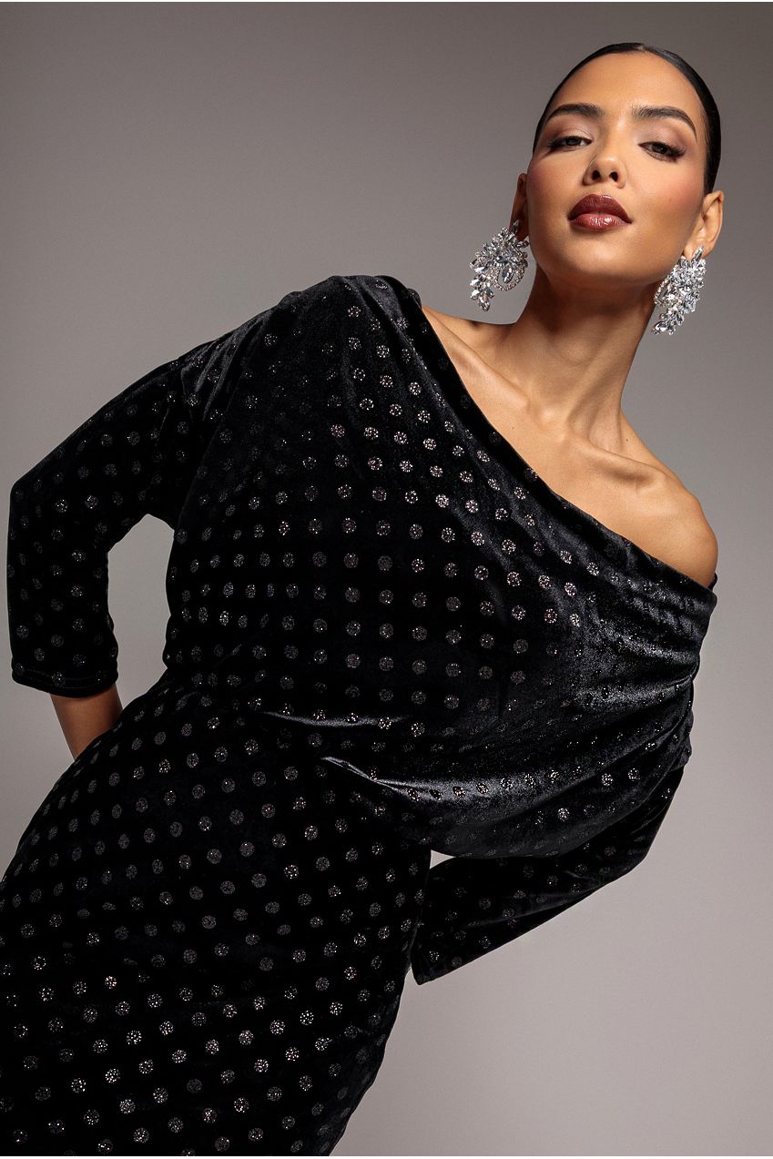 Goddiva Glitter Velvet Cowl Neck Sheath Midi Dress - Black
