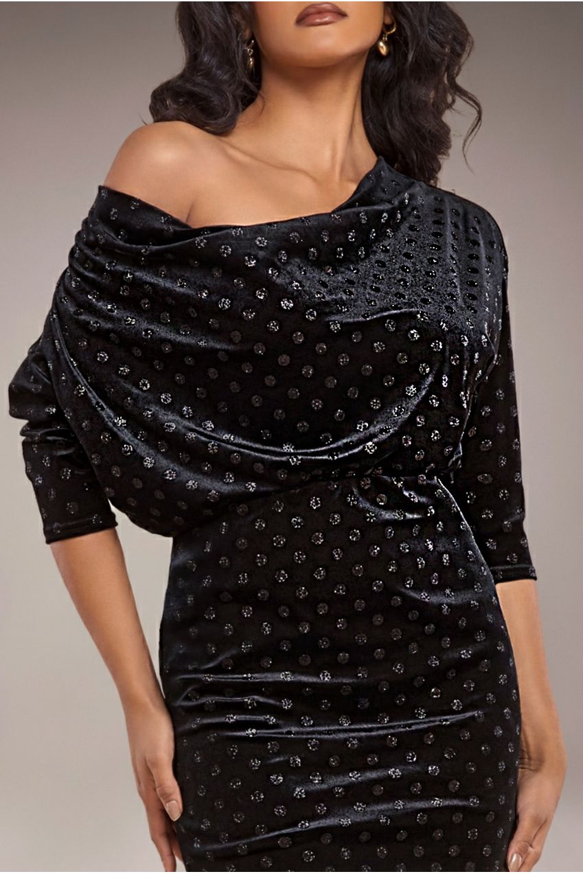 Goddiva Glitter Velvet Cowl Neck Sheath Midi Dress - Black