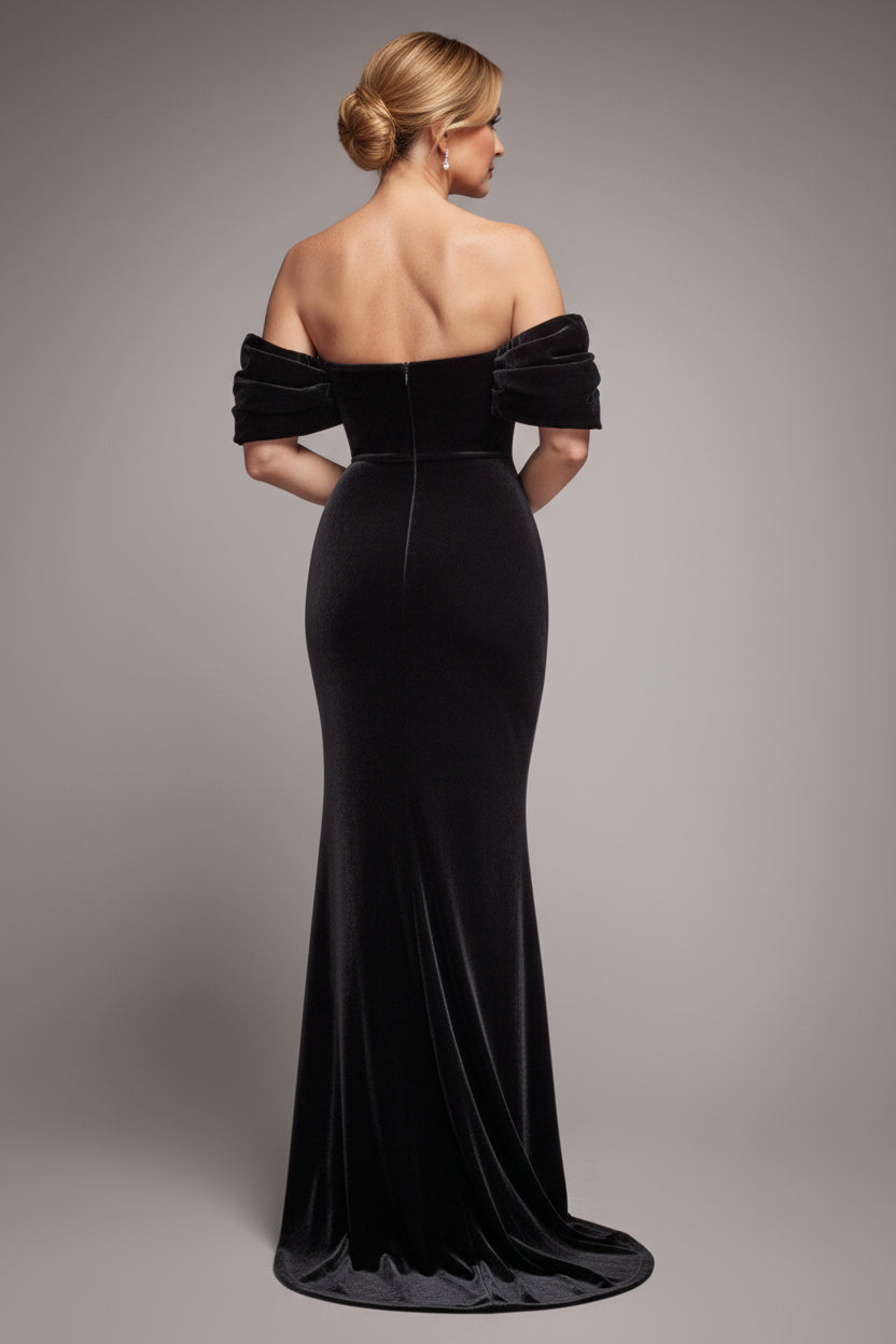 Goddiva Off The Shoulder Deep Plunge Velvet Maxi Dress - Black