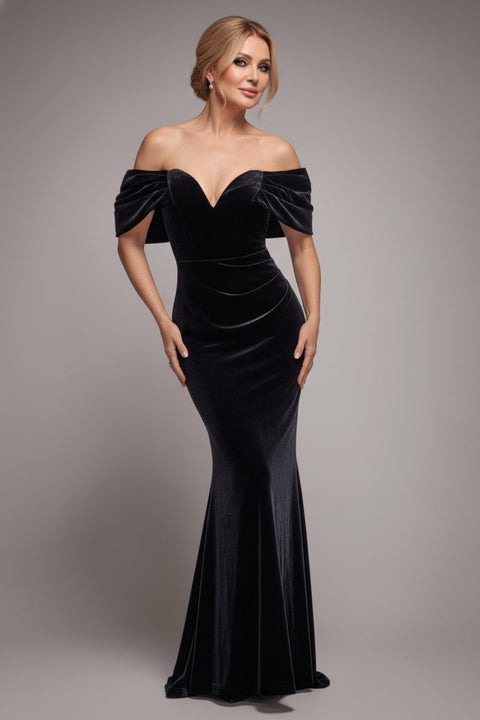 Goddiva Off The Shoulder Deep Plunge Velvet Maxi Dress - Black