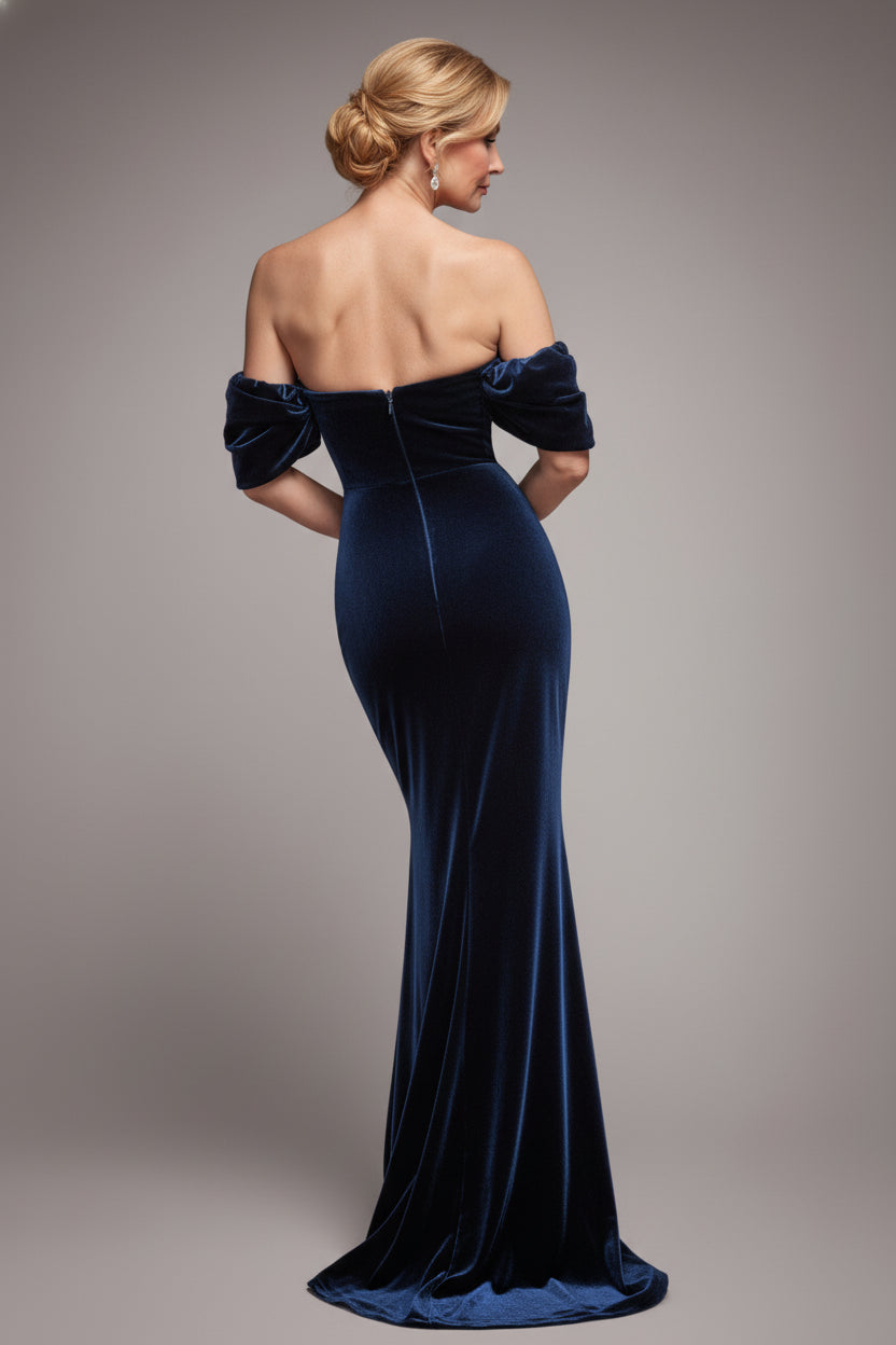 Goddiva Off The Shoulder Deep Plunge Velvet Maxi Dress - Navy Blue