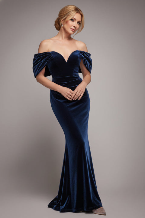 Goddiva Off The Shoulder Deep Plunge Velvet Maxi Dress - Navy Blue