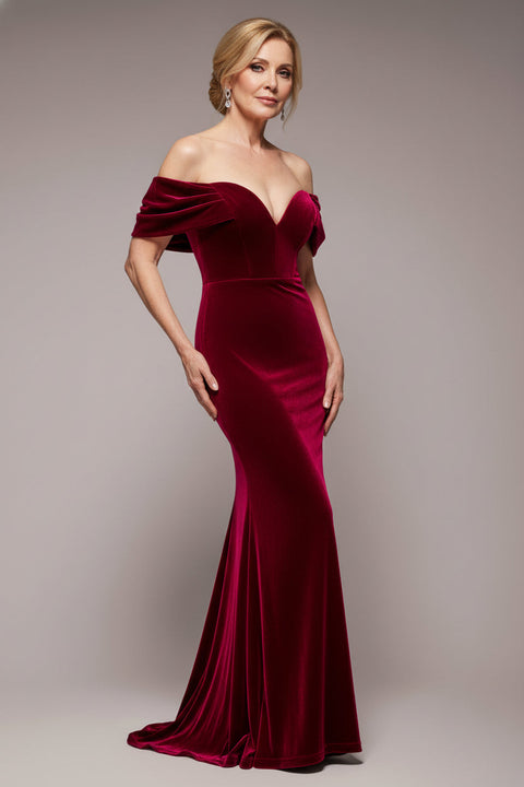 Goddiva Off The Shoulder Deep Plunge Velvet Maxi Dress - Burgundy