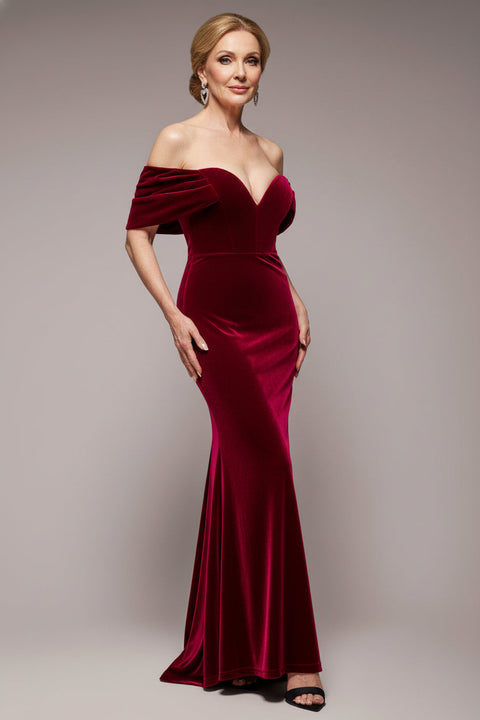 Goddiva Off The Shoulder Deep Plunge Velvet Maxi Dress - Burgundy