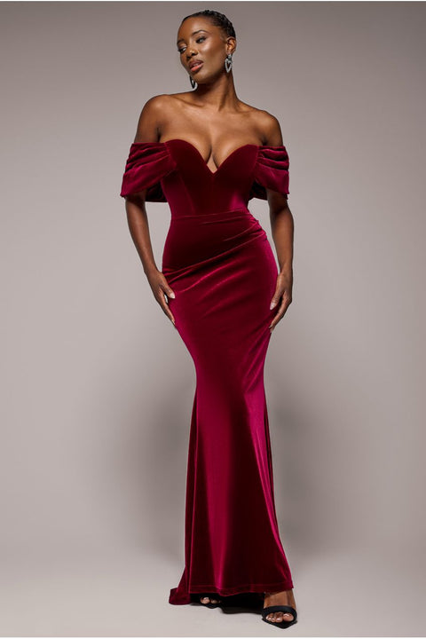 Goddiva Off The Shoulder Deep Plunge Velvet Maxi Dress - Burgundy