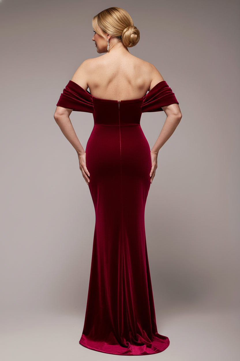 Goddiva Off The Shoulder Deep Plunge Velvet Maxi Dress - Burgundy