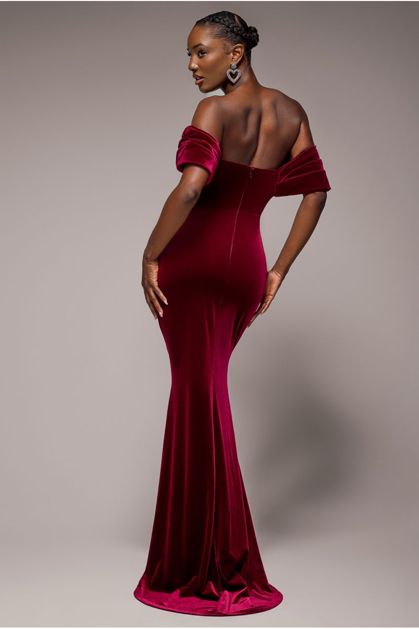 Goddiva Off The Shoulder Deep Plunge Velvet Maxi Dress - Burgundy