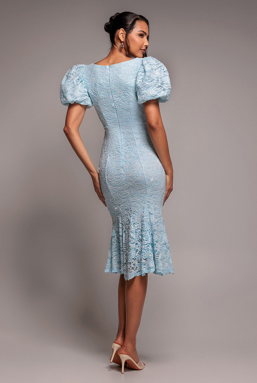 Goddiva Scallop Lace Puff Sleeve Fit & Flare Midi Dress - Sky Blue
