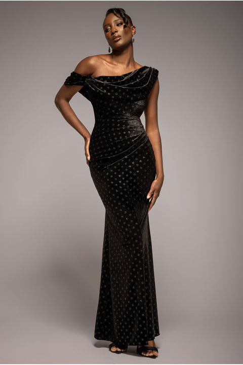 Goddiva Glitter Velvet Cowl Neck Off The Shoulder Maxi Dress - Black