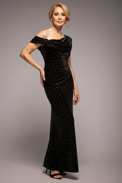 Goddiva Glitter Velvet Cowl Neck Off The Shoulder Maxi Dress - Black