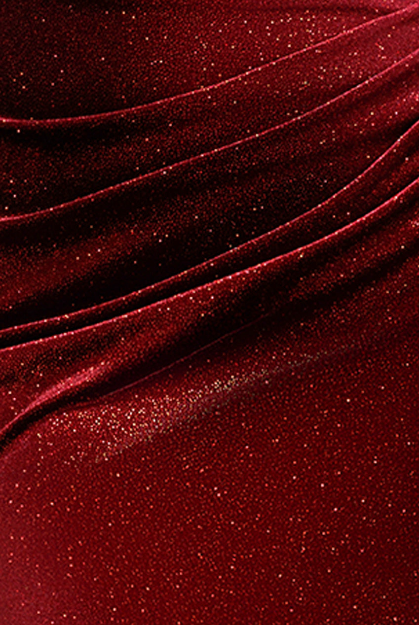 Goddiva Glitter Velvet Cowl Neck Off The Shoulder Maxi Dress - Wine