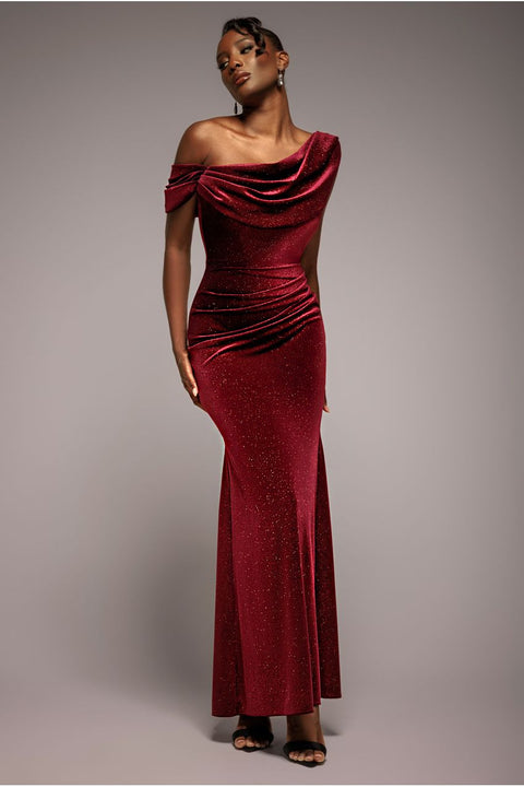 Goddiva Glitter Velvet Cowl Neck Off The Shoulder Maxi Dress - Wine
