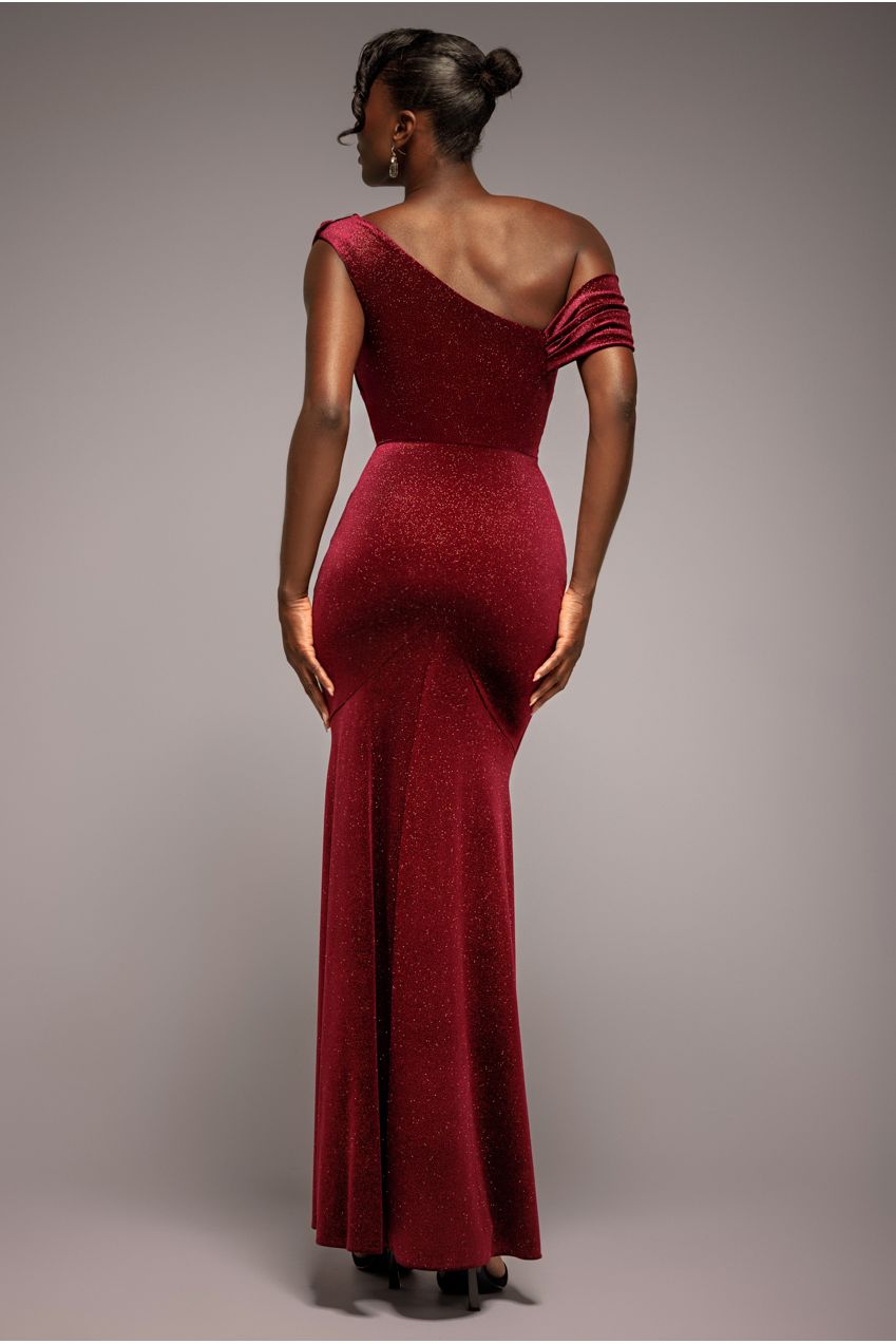 Goddiva Glitter Velvet Cowl Neck Off The Shoulder Maxi Dress - Wine