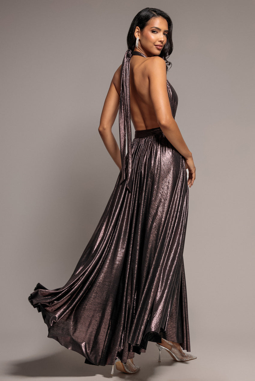 Goddiva Sunrise Foil Halterneck A-Line Maxi Dress - Bronze