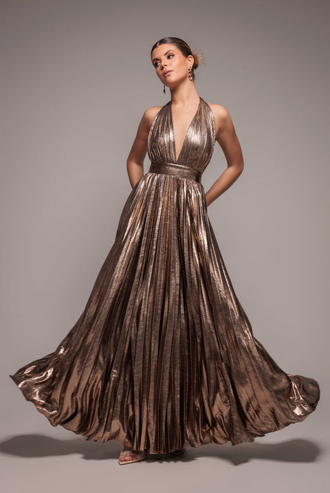 Goddiva Sunrise Foil Halterneck A-Line Maxi Dress - Bronze