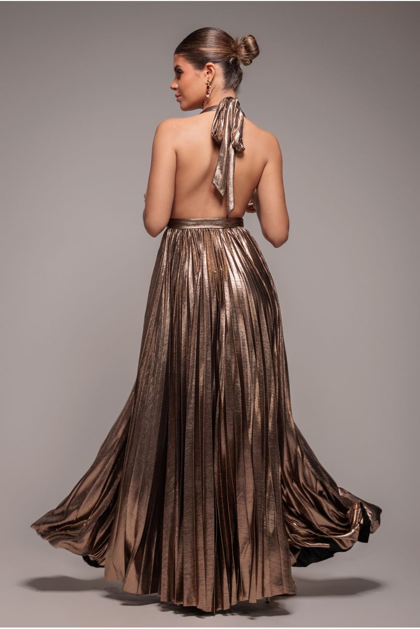 Goddiva Sunrise Foil Halterneck A-Line Maxi Dress - Bronze