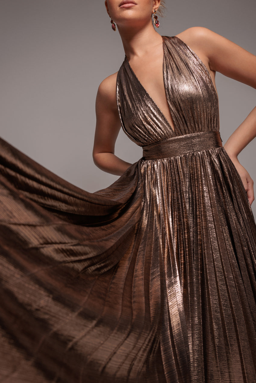 Goddiva Sunrise Foil Halterneck A-Line Maxi Dress - Bronze