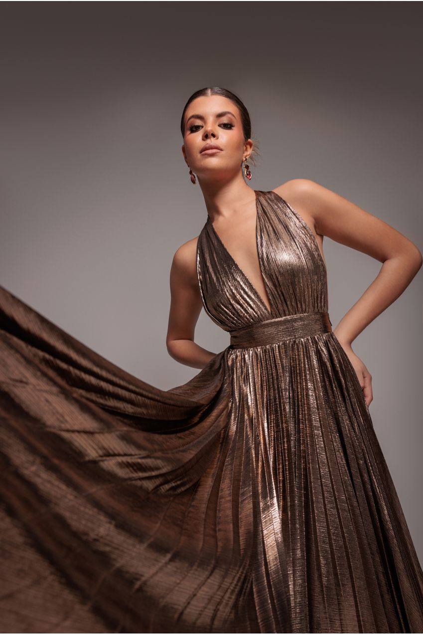 Goddiva Sunrise Foil Halterneck A-Line Maxi Dress - Bronze