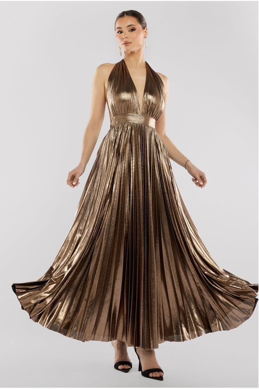 Goddiva Sunrise Foil Halterneck A-Line Maxi Dress - Bronze