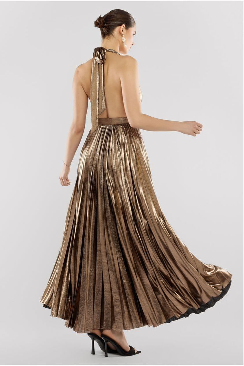 Goddiva Sunrise Foil Halterneck A-Line Maxi Dress - Bronze