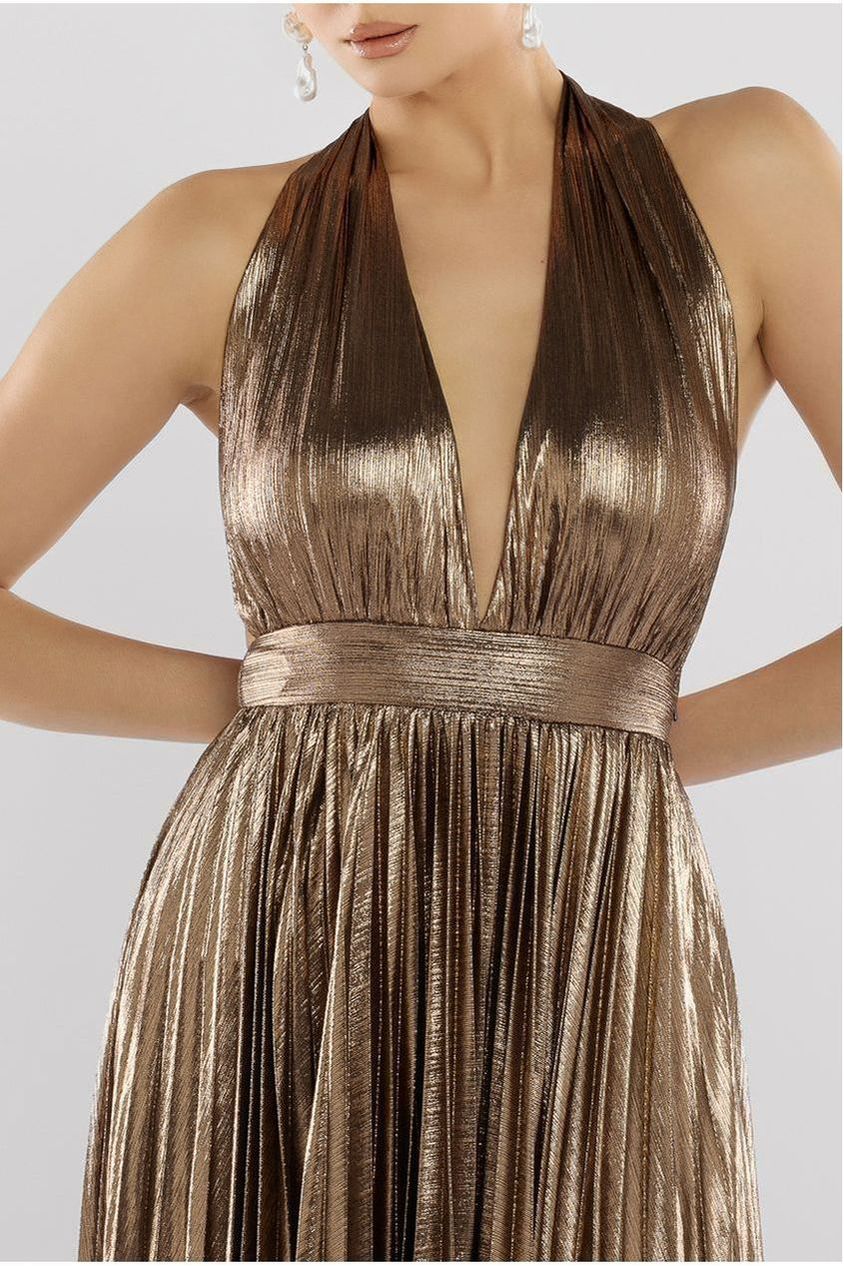Goddiva Sunrise Foil Halterneck A-Line Maxi Dress - Bronze