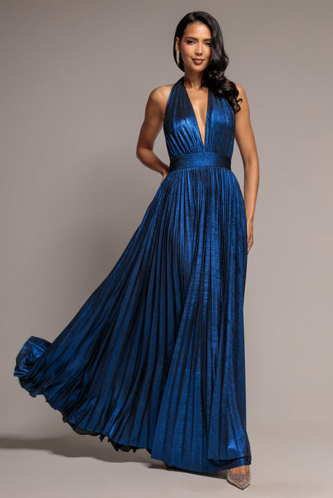 Goddiva Open Back Sunrise Foil Halterneck A Line Maxi Dress - Navy Blue