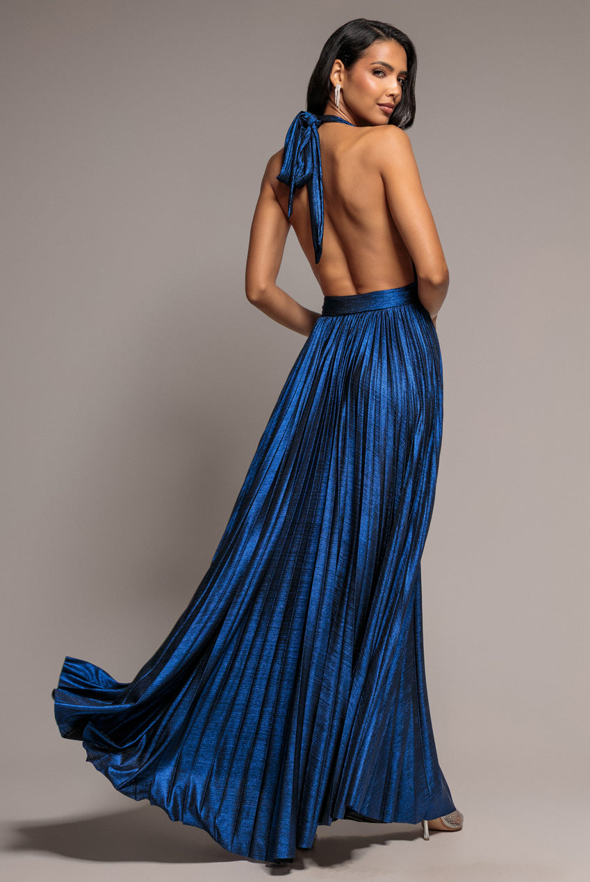 Goddiva Open Back Sunrise Foil Halterneck A Line Maxi Dress - Navy Blue
