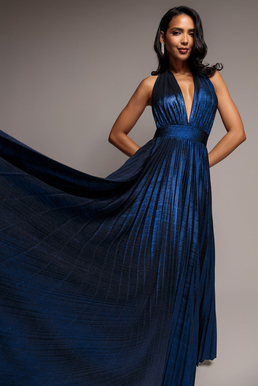 Goddiva Open Back Sunrise Foil Halterneck A Line Maxi Dress - Navy Blue