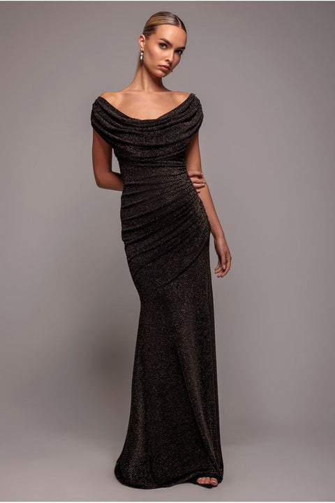 Goddiva Sparkle Lurex Cowl Neck Off The Shoulder Maxi Dress - Black Gold