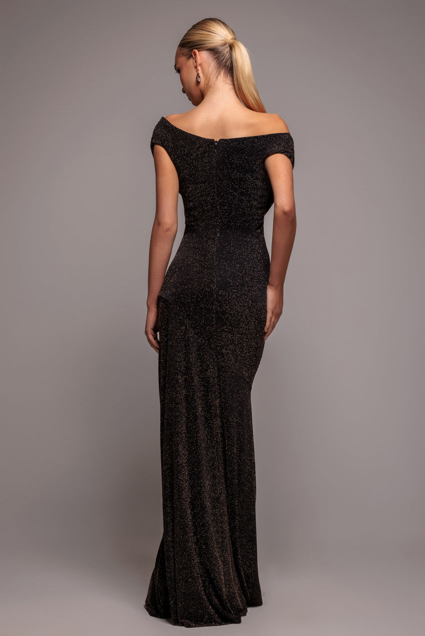 Goddiva Sparkle Lurex Cowl Neck Off The Shoulder Maxi Dress - Black Gold