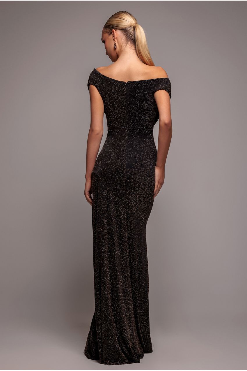 Goddiva Sparkle Lurex Cowl Neck Off The Shoulder Maxi Dress - Black Gold