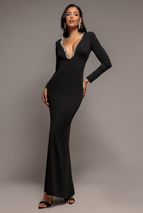 Goddiva Diamante Embellished Neck Bodycon Maxi Dress - Black