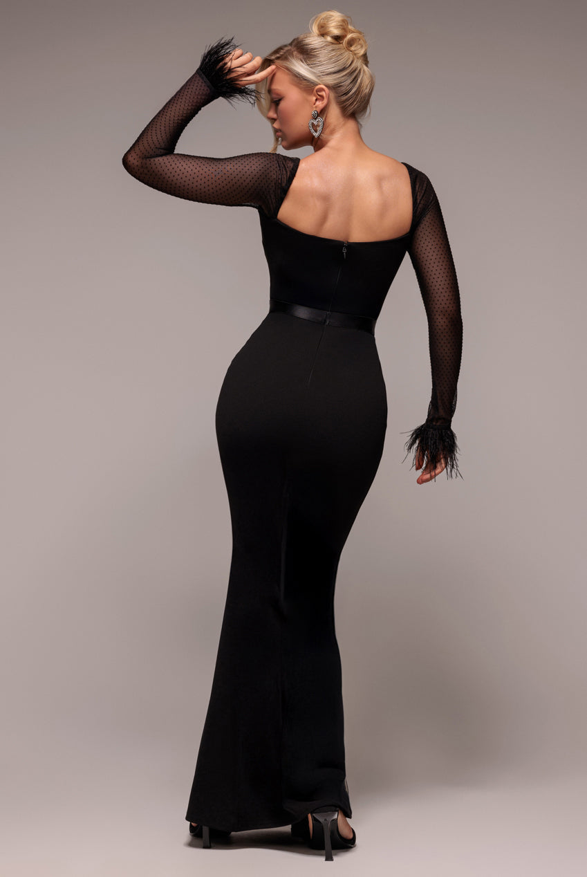 Goddiva Dobby Mesh Feather Sleeve Evening Maxi Dress - Black