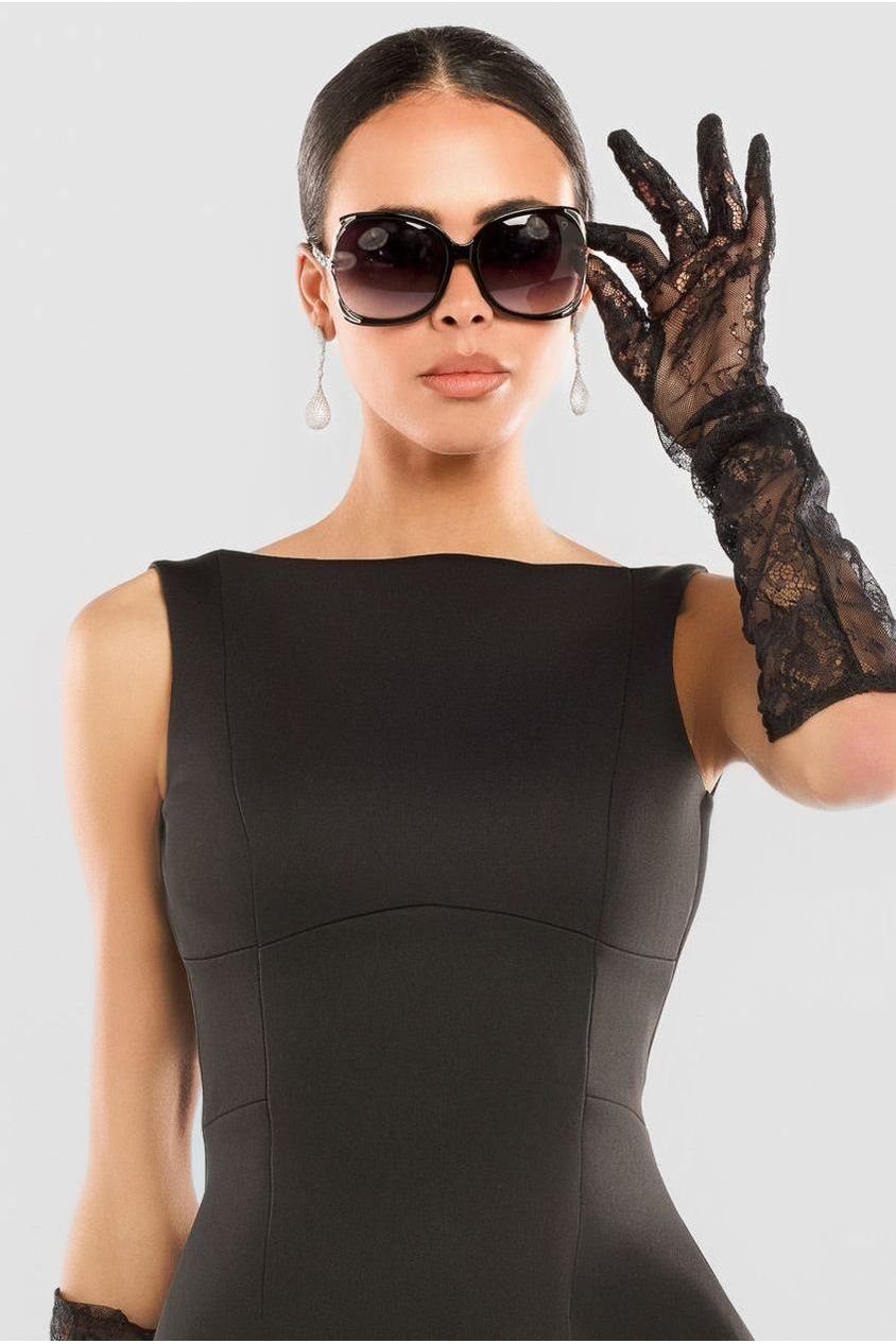 Goddiva Boatneck Mini With Lace A-Line Skirt & Gloves - Black
