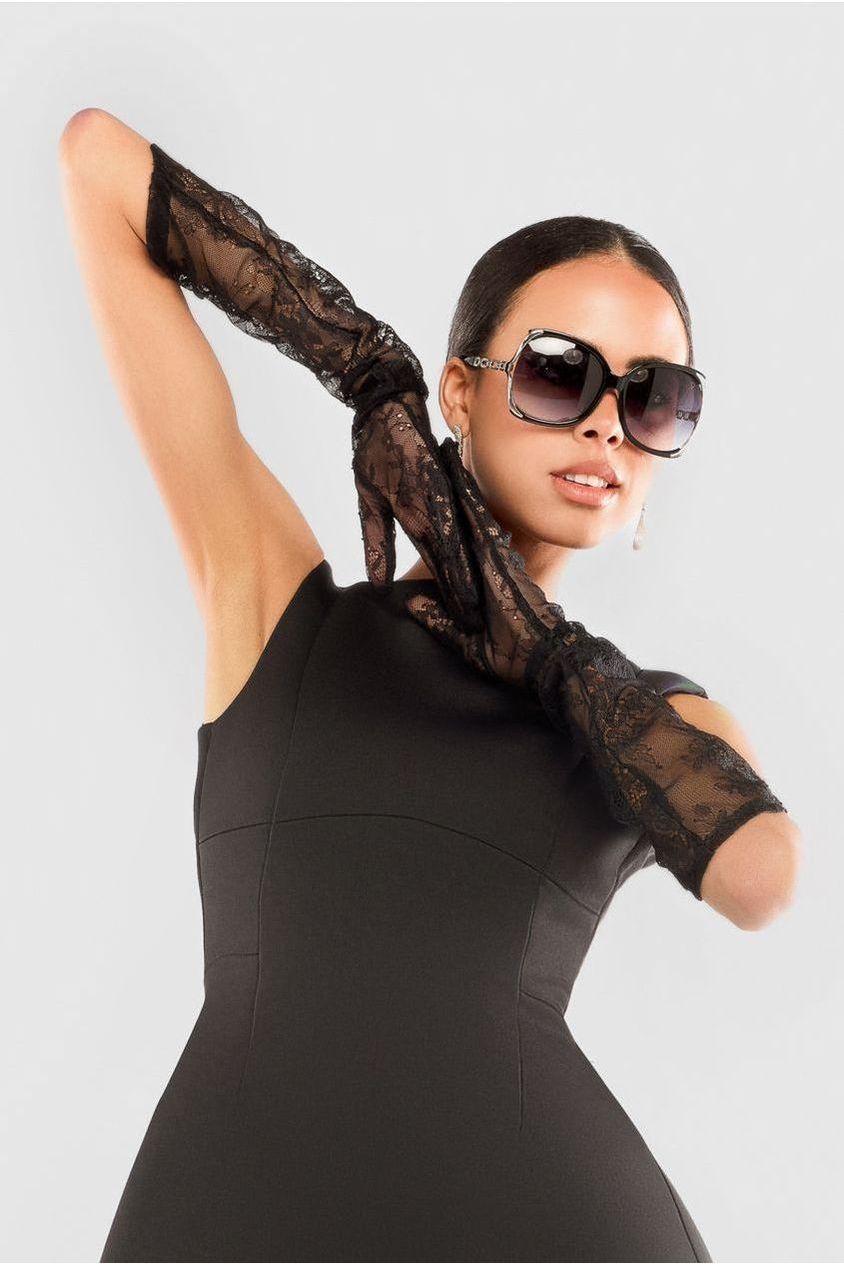 Goddiva Boatneck Mini With Lace A-Line Skirt & Gloves - Black