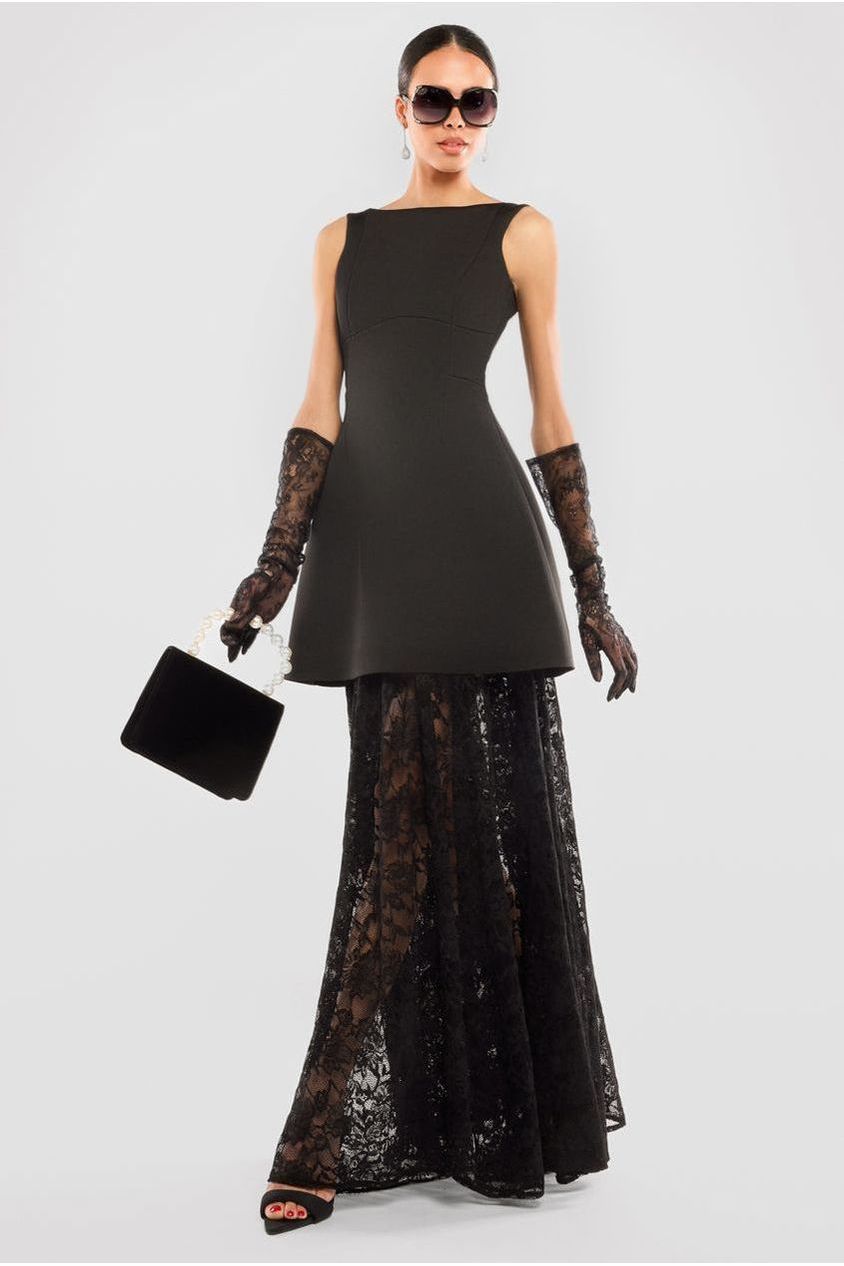Goddiva Boatneck Mini With Lace A-Line Skirt & Gloves - Black
