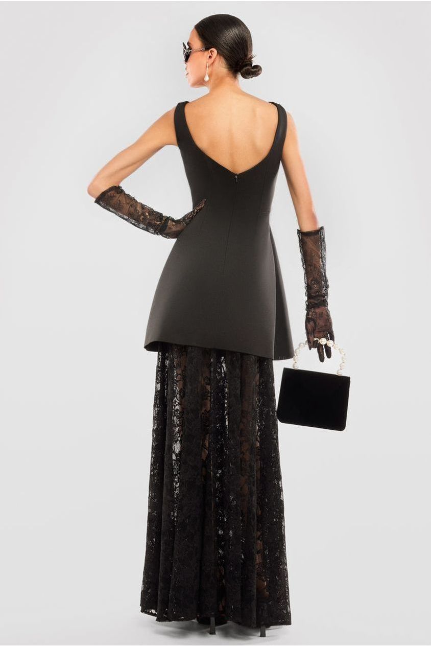 Goddiva Boatneck Mini With Lace A-Line Skirt & Gloves - Black