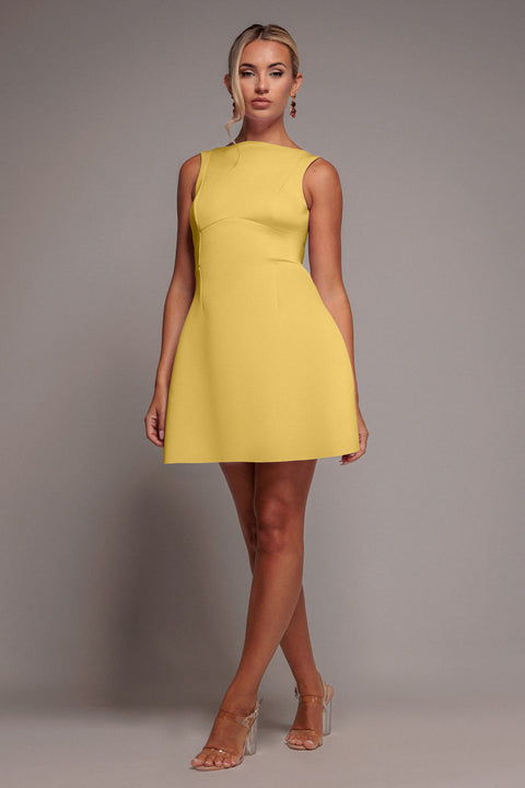 Goddiva Boatneck Open Back Scuba Mini Dress - Lemon