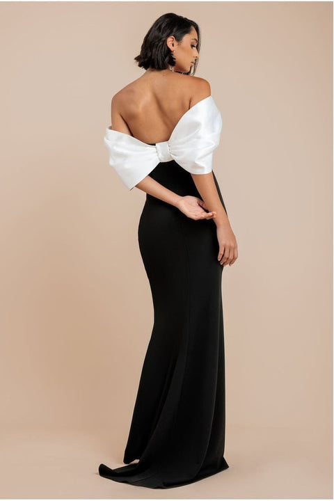 Goddiva Contrast Off Shoulder Back Satin Bow Scuba Maxi Dress - Black Cream